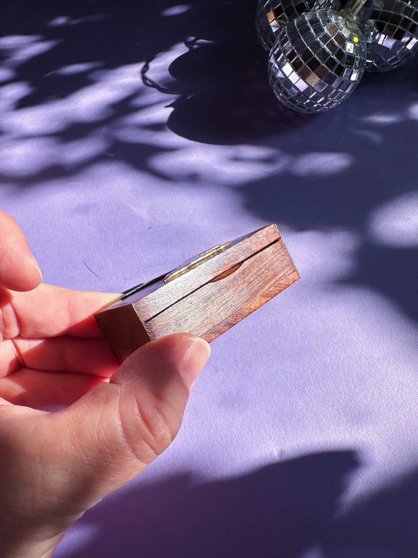 Wood & Brass Small Chest-Shaped Box With Brass Bird Inlay For Pills / Matches