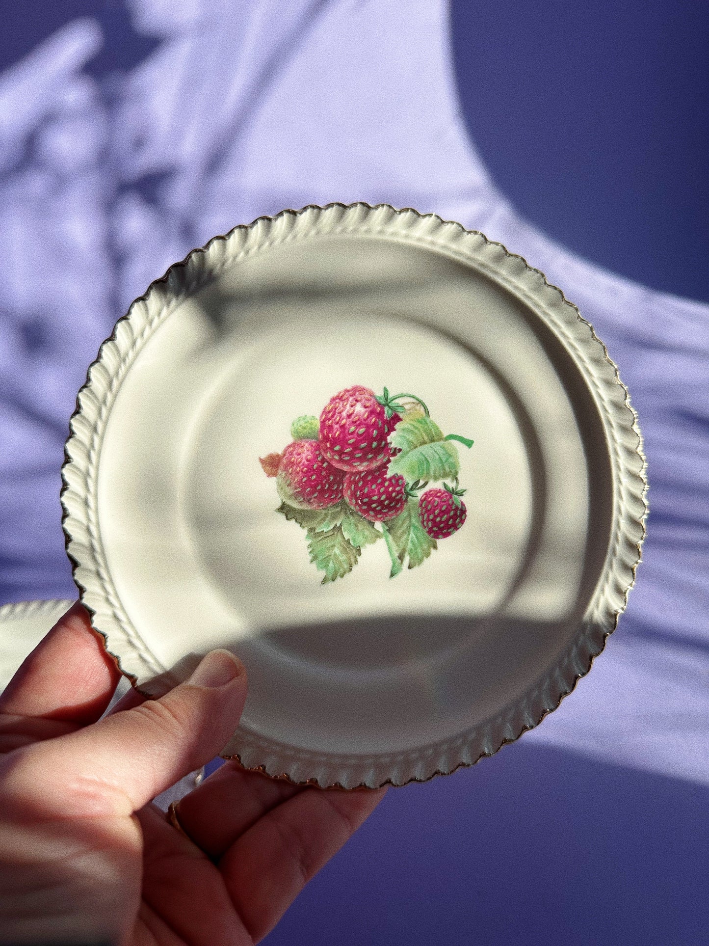 Vintage Set of 6 Berry Plates w/ Wavy Gold Trim