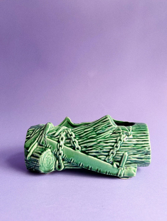 Vintage McCoy Ceramic Planter Log with Saw and Axe and Chains Decoration Motif