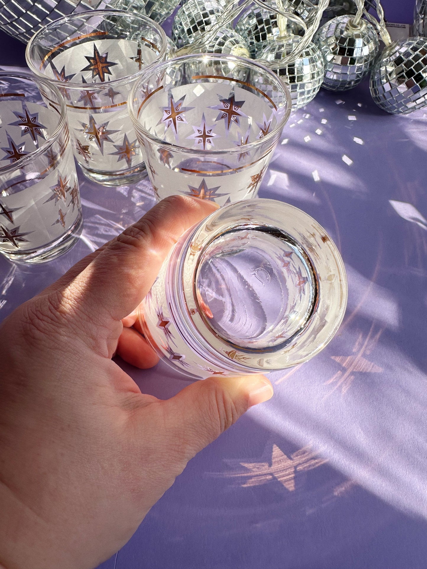 Vintage MCM Dominion Atomic Starburst Short Tumblers Glasses Frosted Gold