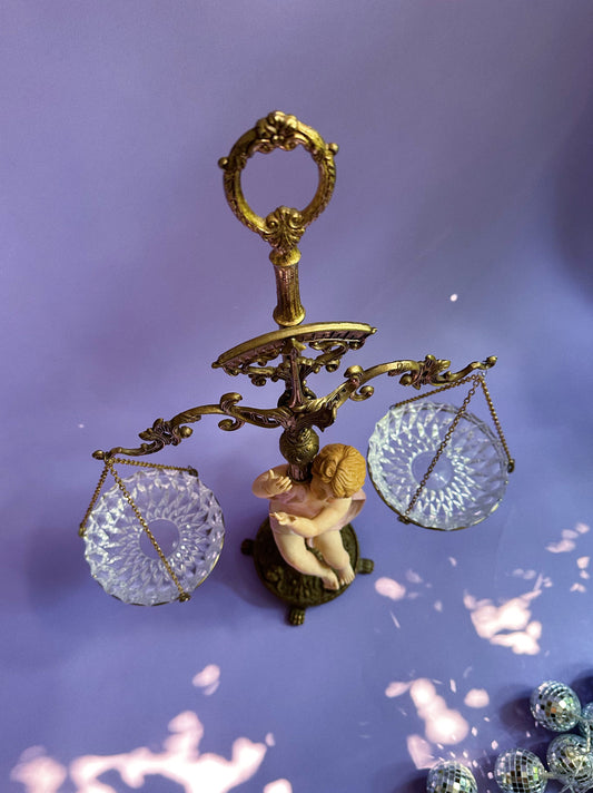 Vintage Large Brass Crystal Prisms Balance-Scales of Justice 24.5”H Cherub