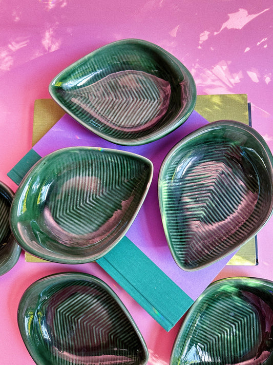 Set of 6 Green Leaf Glazed Pottery Serving Dishes