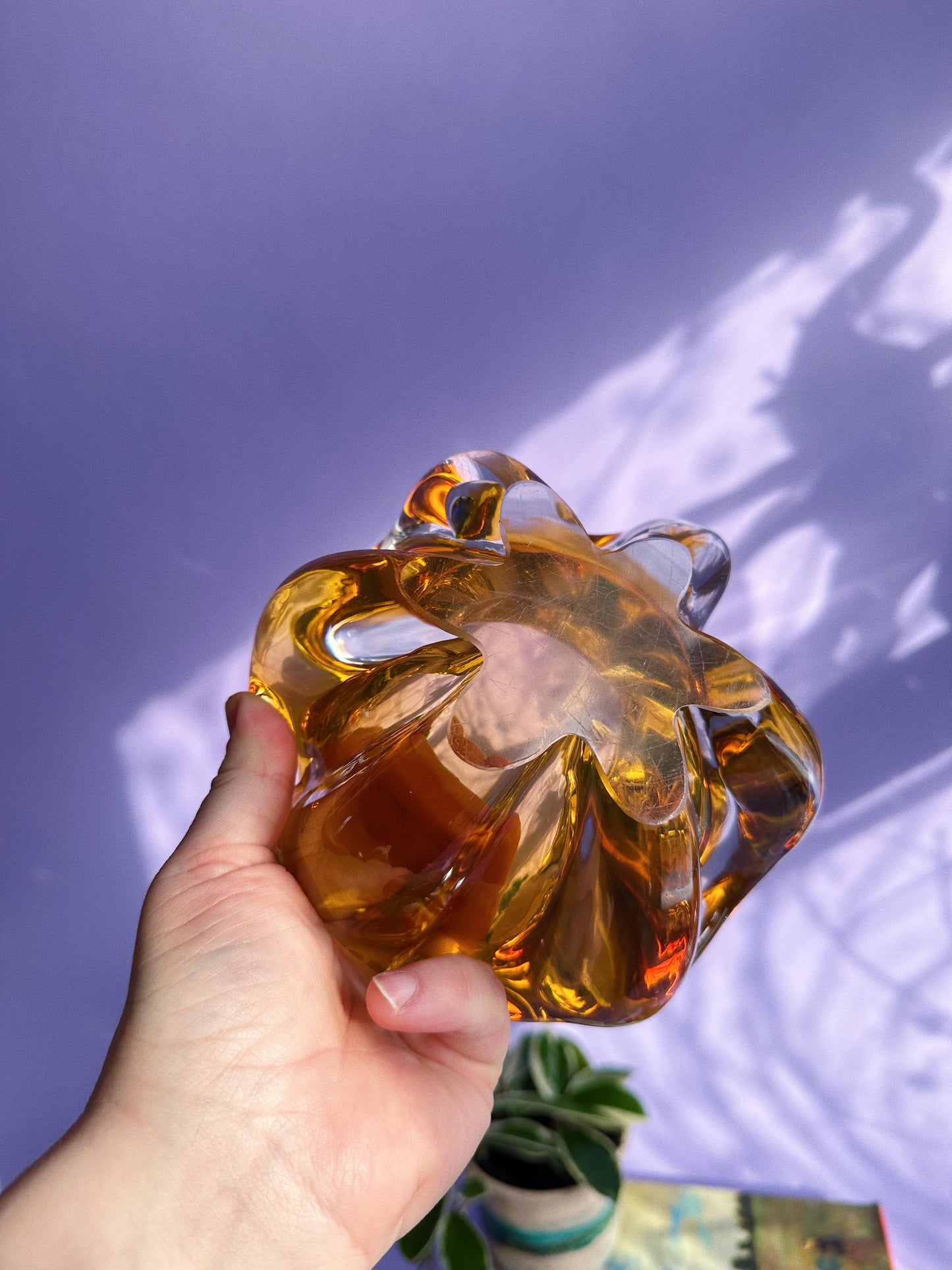 Vintage Amber Heavy Art Glass Ashtray / Candy / Throw Dish