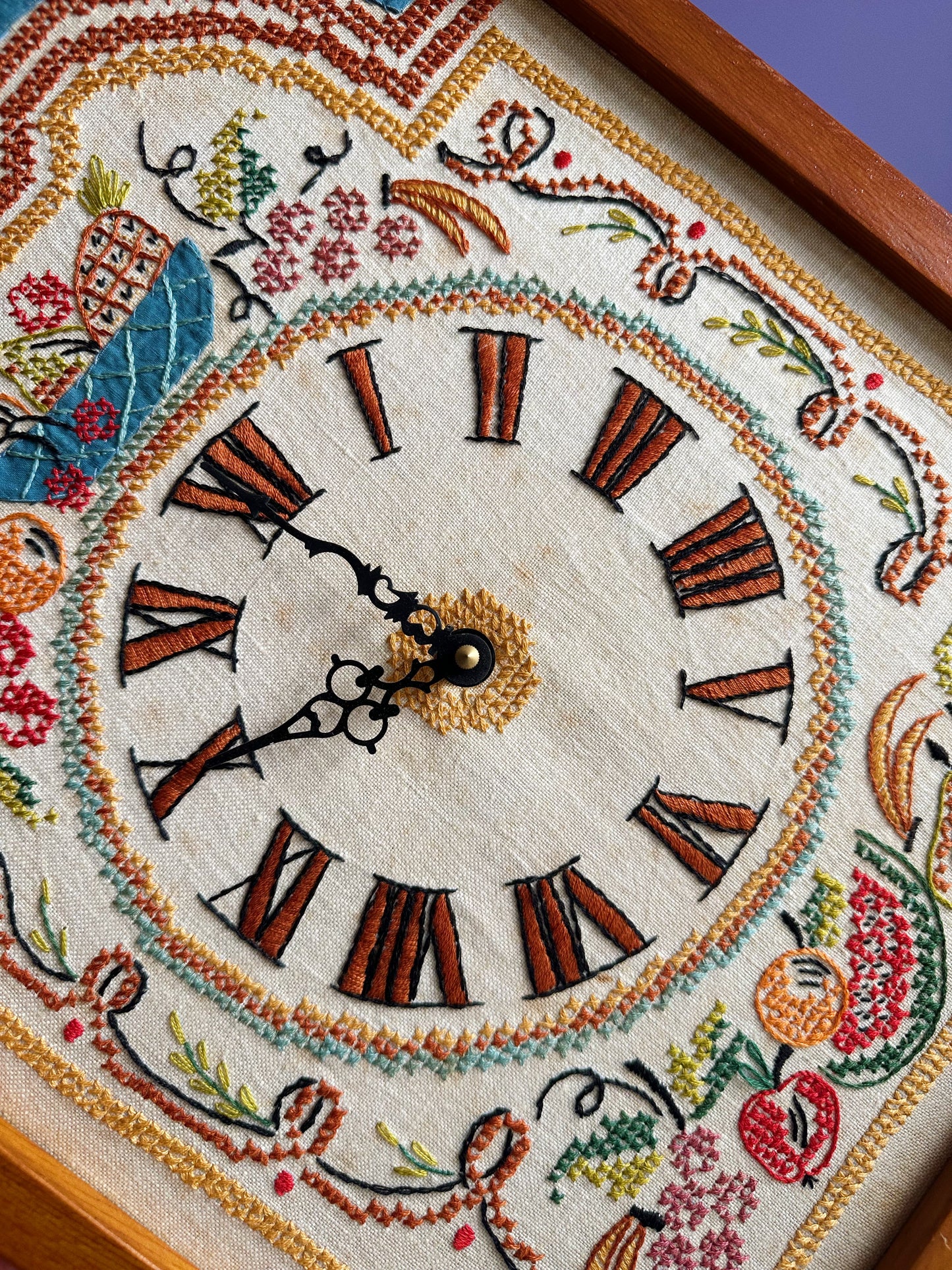 Americana Hand Embroidered Needlepoint Wall Clock, Vintage Handmade