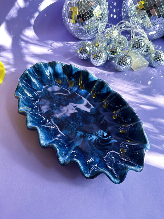 Artisan Made Blue Mountain Pottery Ruffled Dish Blue Dripped Glaze