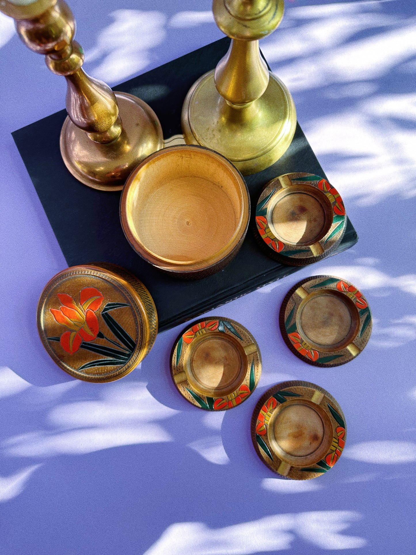 Vintage Wood Tulip Ashtray Set Lidded Box