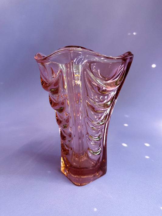 Czech Glass Pink Drapery Vase Vintage
