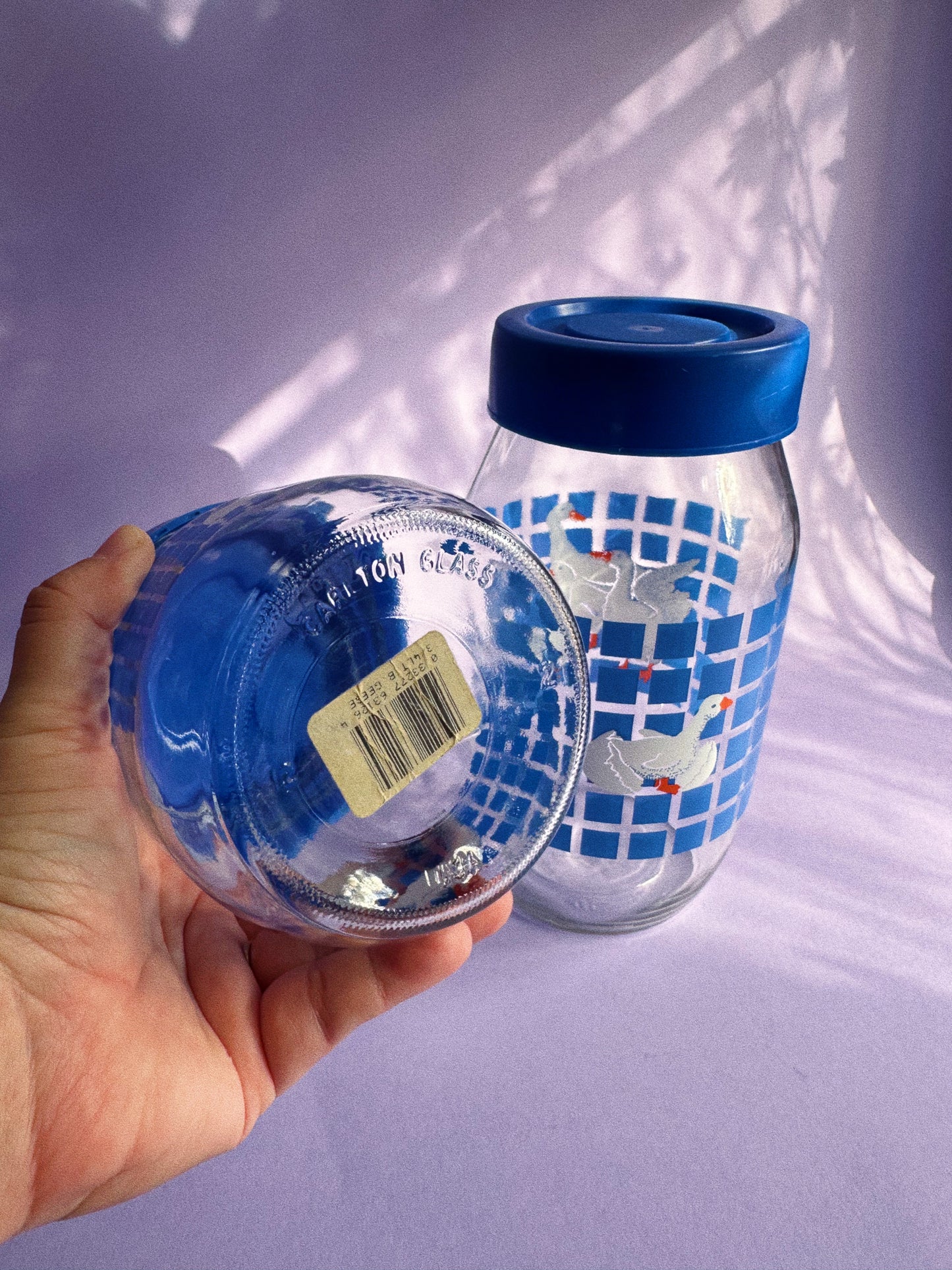 Vintage 1982 Carlton Glass Blue Lid Geese Duck Canisters