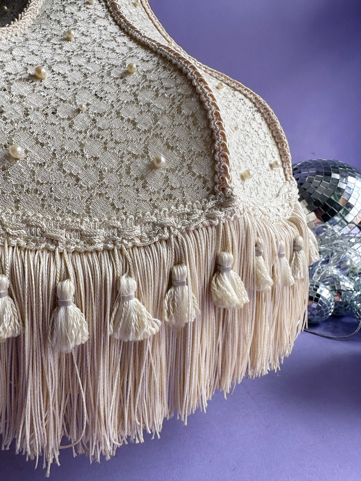 Vintage Boudoir Table Lamp Shade Ivory Cream Fringe Scallop Pearls Tassel