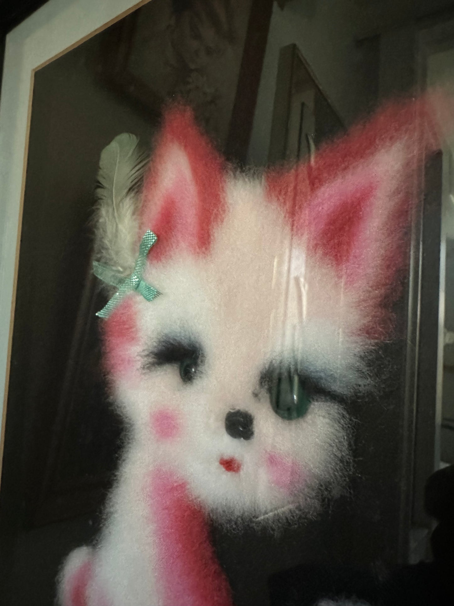 Vintage Japanese Matsuhato Bunka Punch Embroidery Pink Cat Framed