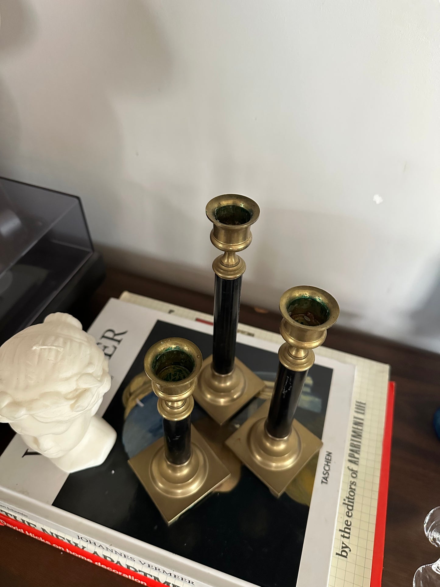 Beautiful Vintage Set of Three Solid Brass Candlesticks - Enameled Centers