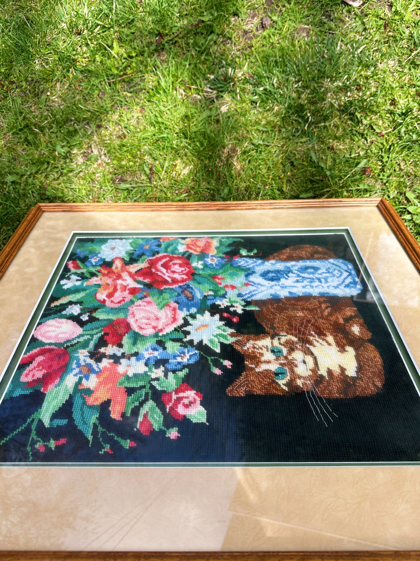 Vintage Framed Needlepoint “Contented Cat" 2413 Orange Tabby Flowers Hallmark