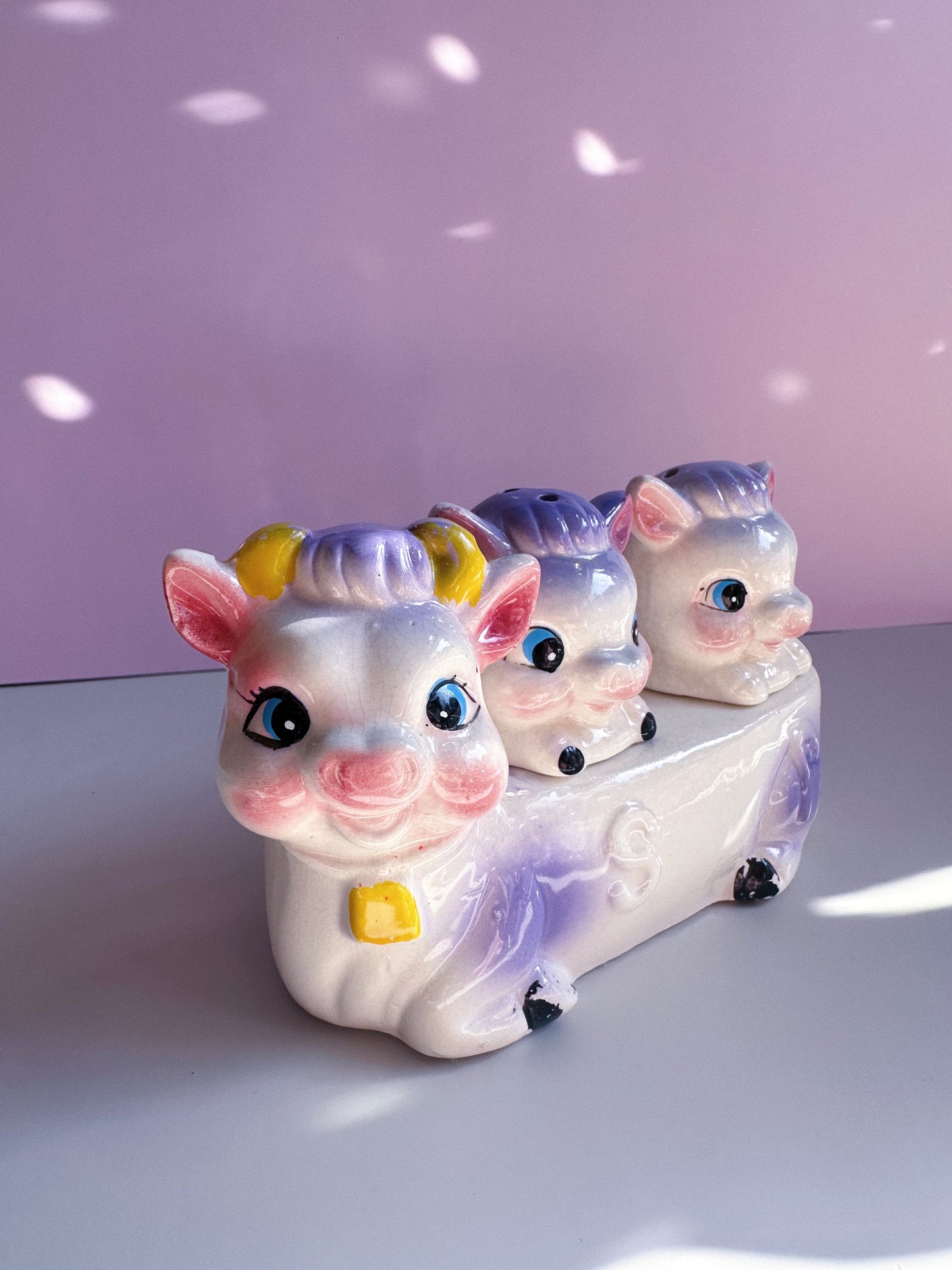 Vintage Cow Salt & Pepper Shakers Anthropomorphic Holder Set 1950s Japan Ceramic