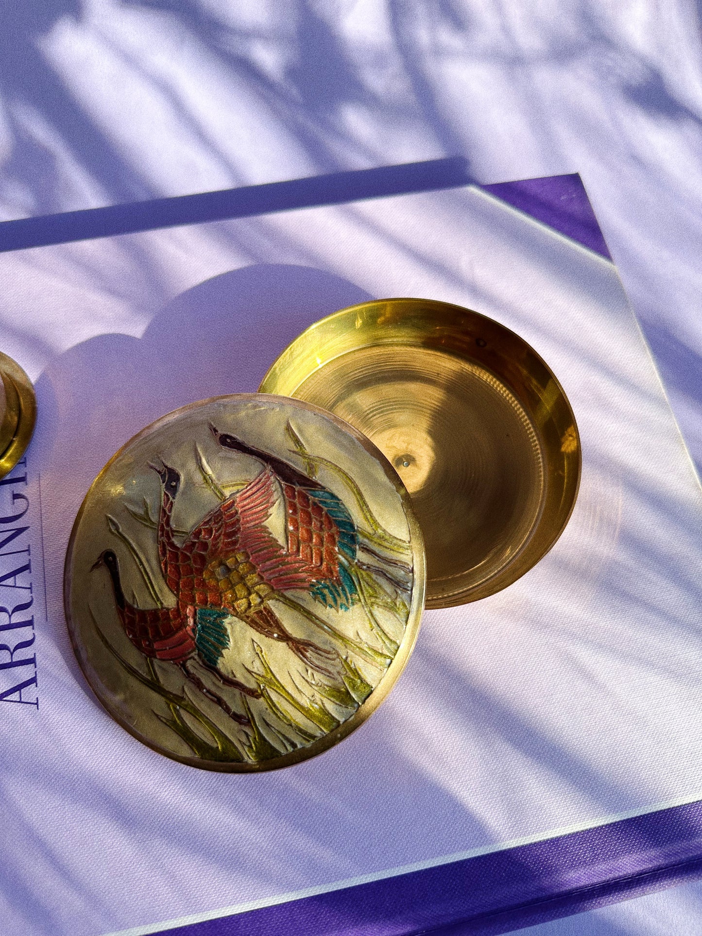 Lidded Enamel Crane & Solid Brass Lidded Trinket Box