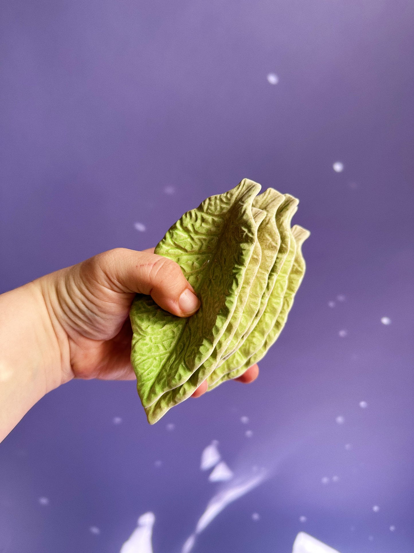 Vintage Majolica Green Leaf Lettuce Cabbage Snack Tray + 6 Leaf Dishes Japan