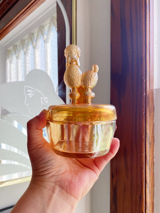Vintage 40s Jeannette Marigold Luster Carnival Glass Poodle Trinket Powder Dish