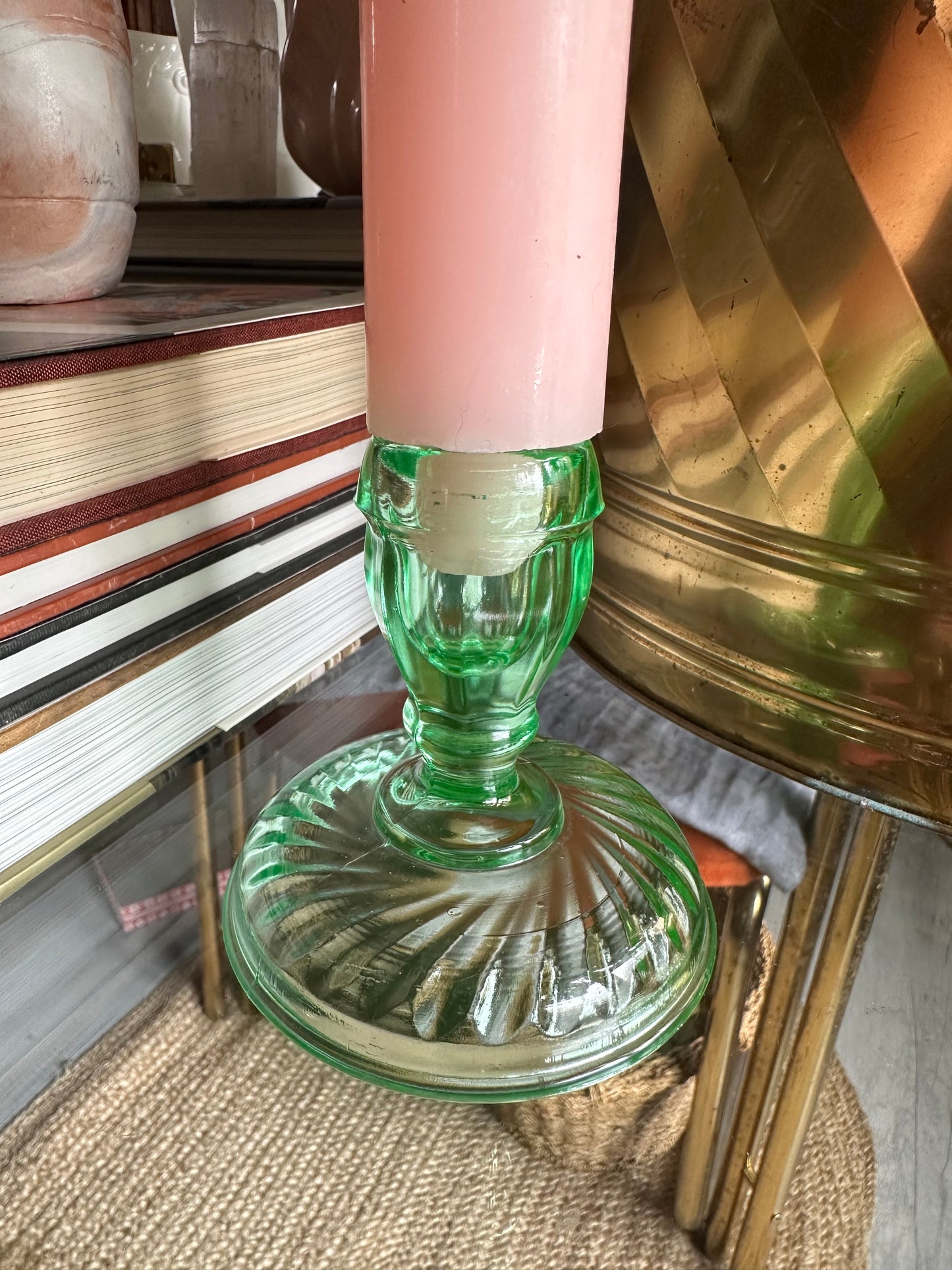 3.5” Single Light Twisted Optic Green Candlestick Uranium 1920s, 30s