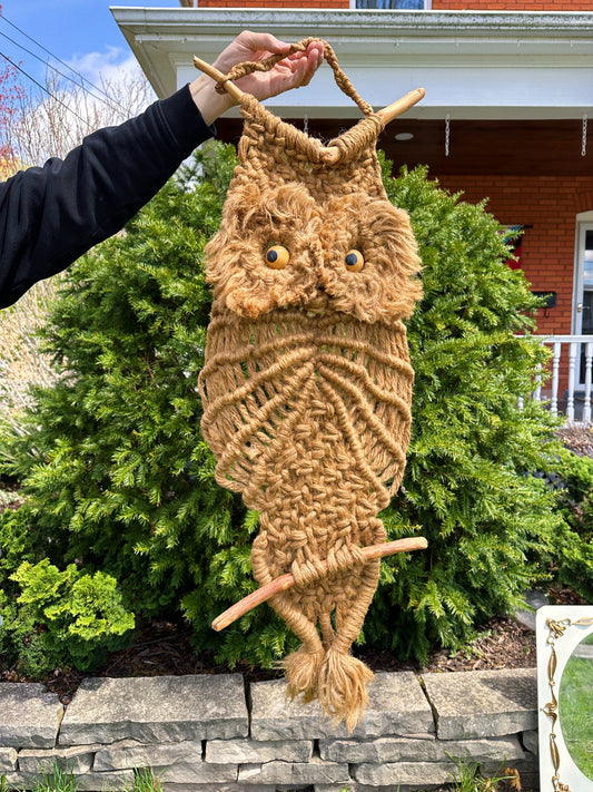 Vintage Macrame Owl Wall Hanging Decor Large Jute 1970s