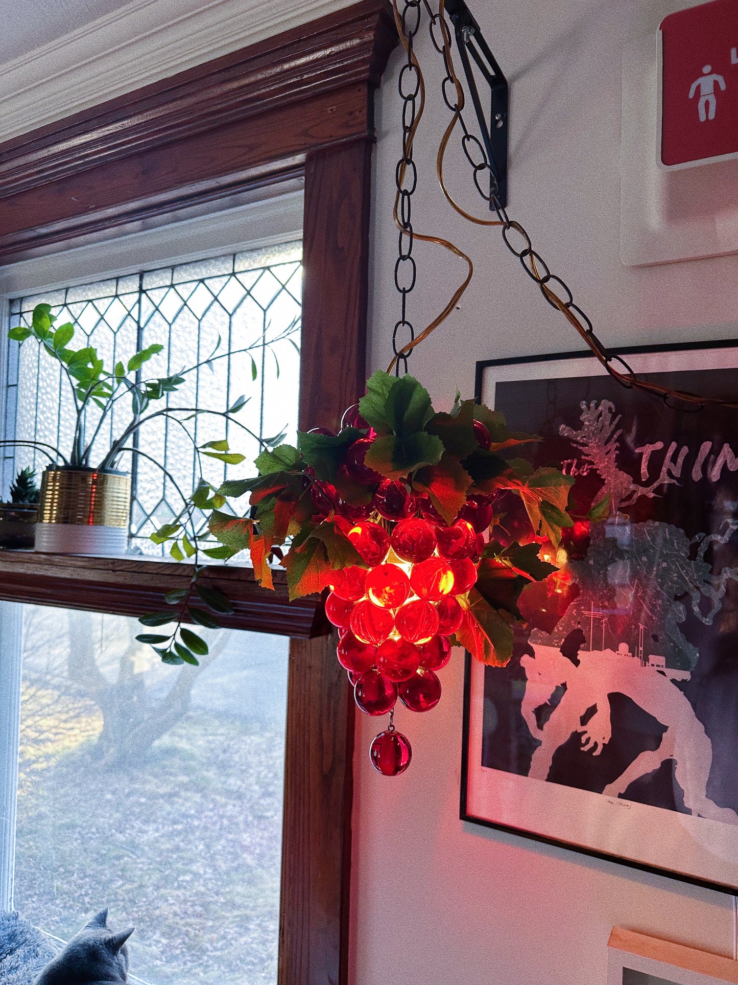 Vintage Large MCM 60s Hanging Swag Lamp of Lucite Grapes Red Cluster Vines Heavy