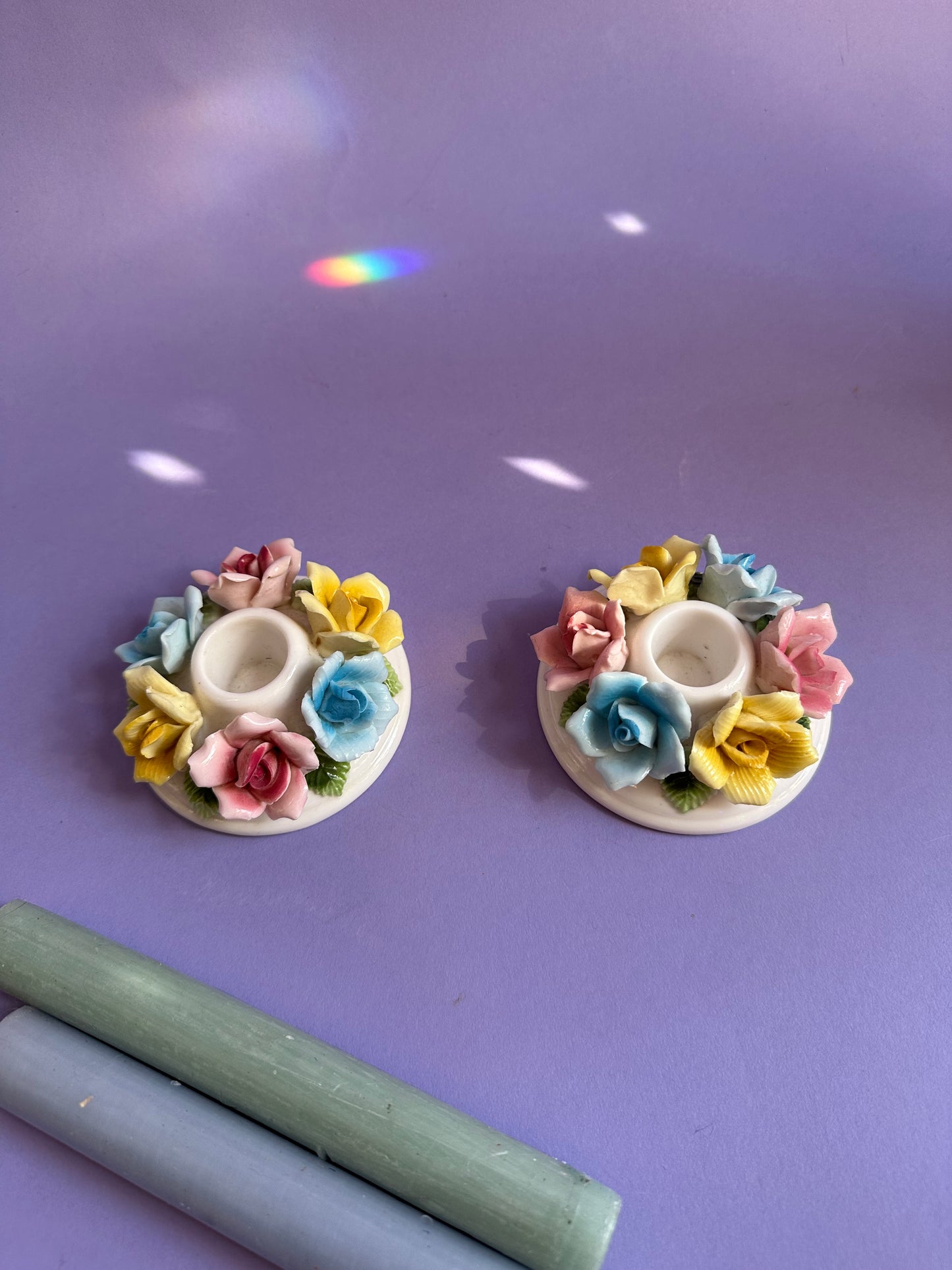Vintage Taper Candle Holders Ceramic Flowers Pastel Japan Pink Blue Yellow