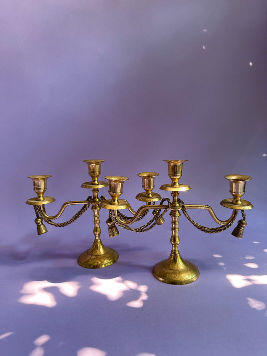 Pair Of Vintage Brass 3 Arm Candelabra Candles Braided Rope Goth Victorian