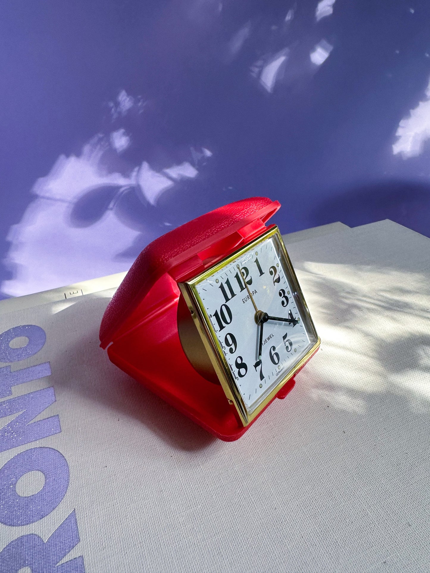 Vintage Travel Alarm Clock Europa, Germany, Brass & Faux Leather Cover