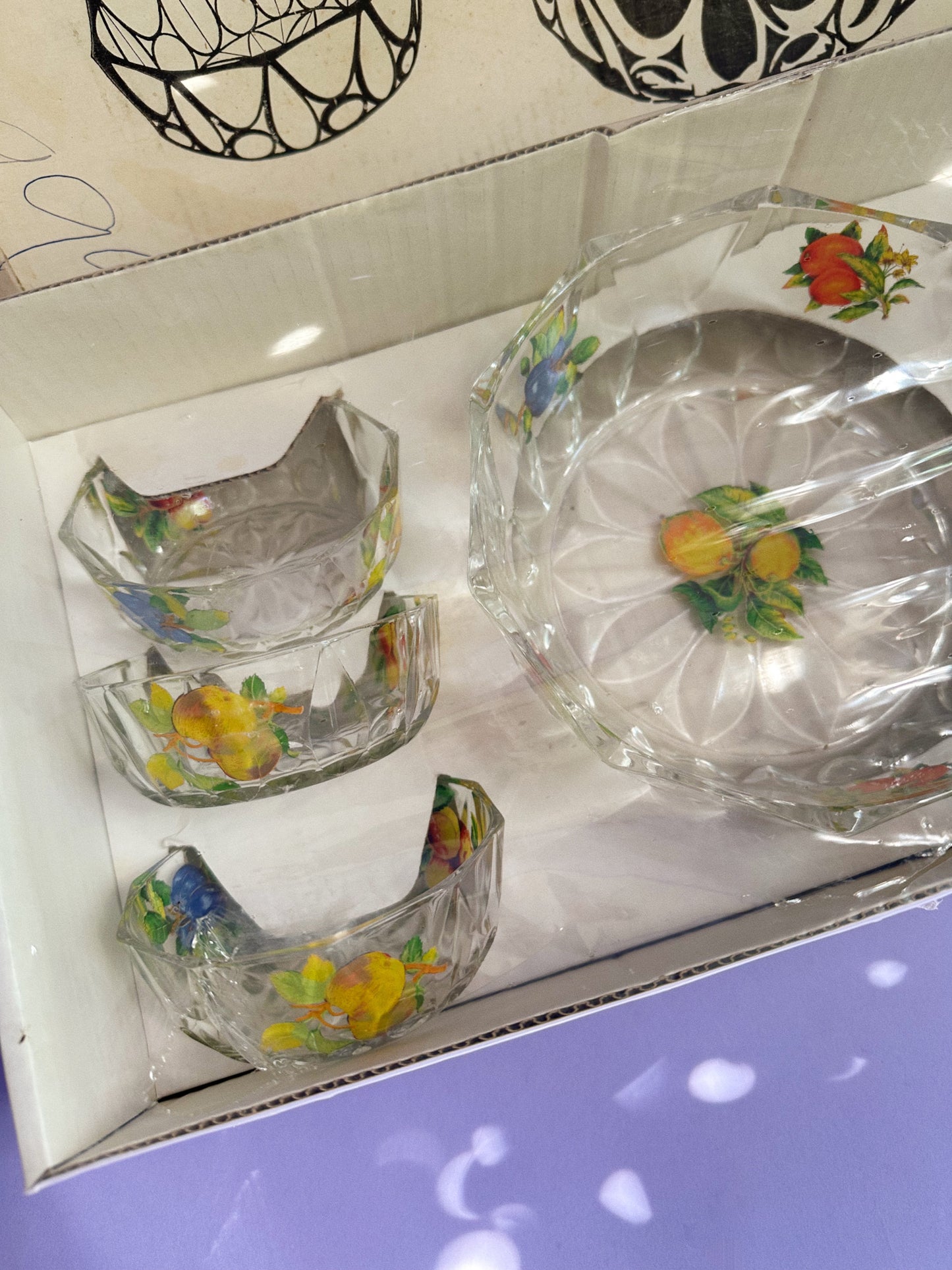 Vintage MCM Glass Serving Bowl And Side Bowls In Original Box