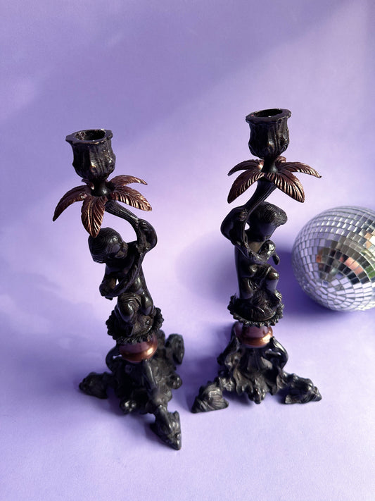 Pair Of Vintage Antique Heavy Cast Metal Cherub Candlesticks