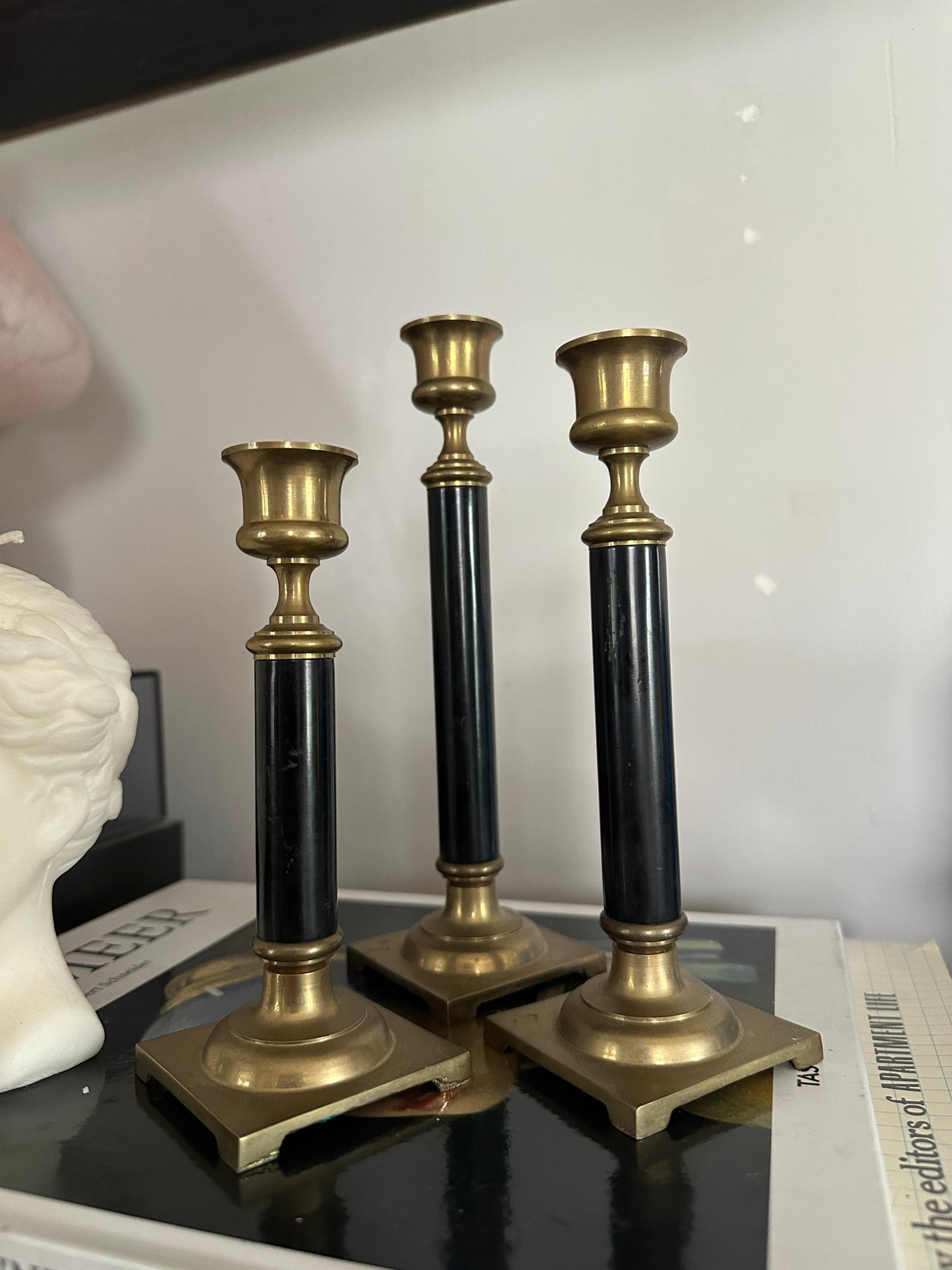 Beautiful Vintage Set of Three Solid Brass Candlesticks - Enameled Centers