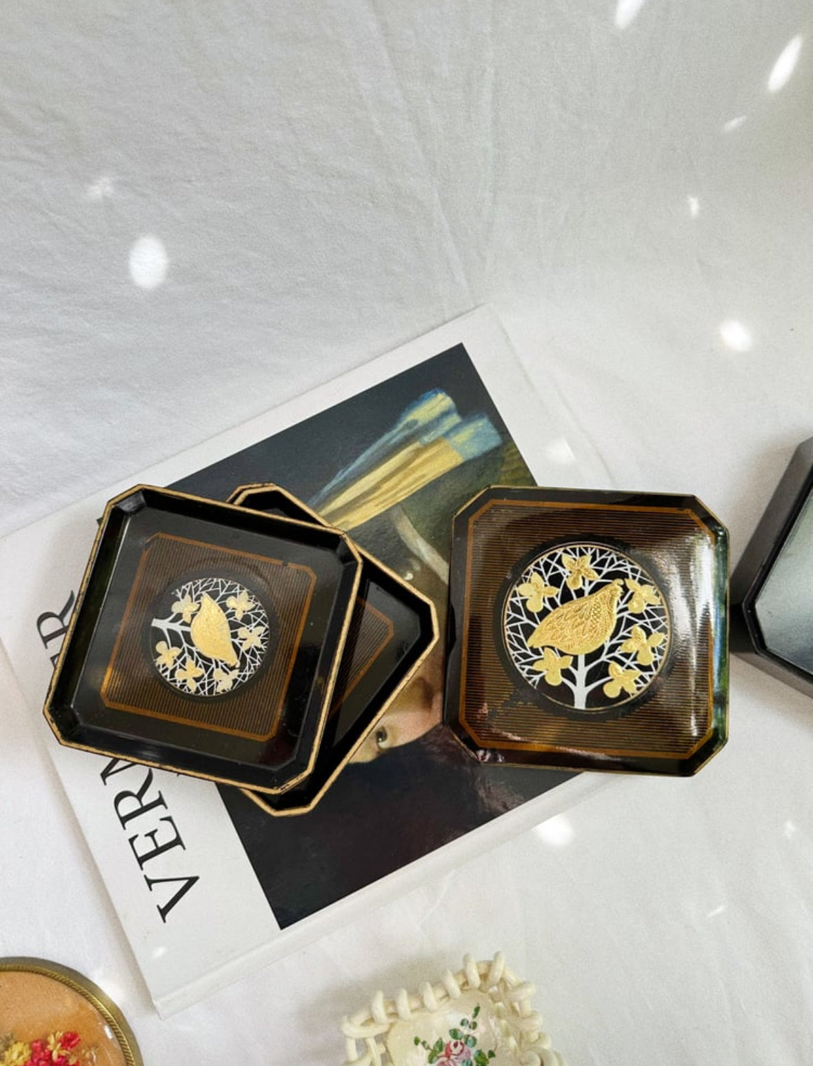 Vintage Otagiri Japan Black and Gold Lacquered Golden Pheasant Coasters in Box