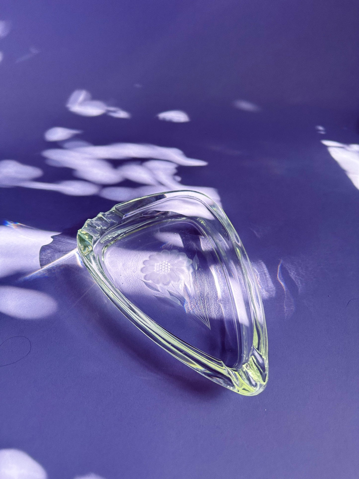 Sweet Vintage Crystal Triangle Floral Etched Ashtray / Throw Dish