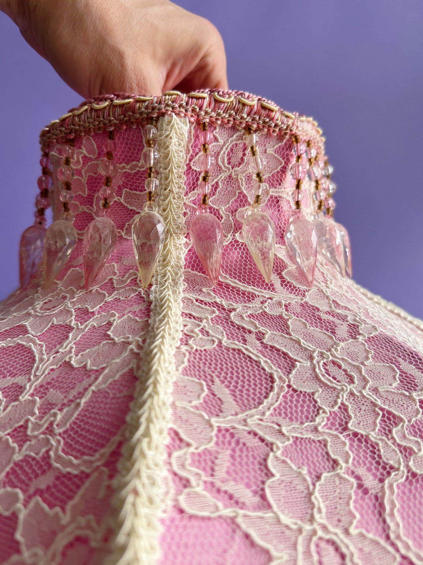 Pair of Victorian French Large Lamp Shade Lace "Blush" Pink Bead Fringe Scallop