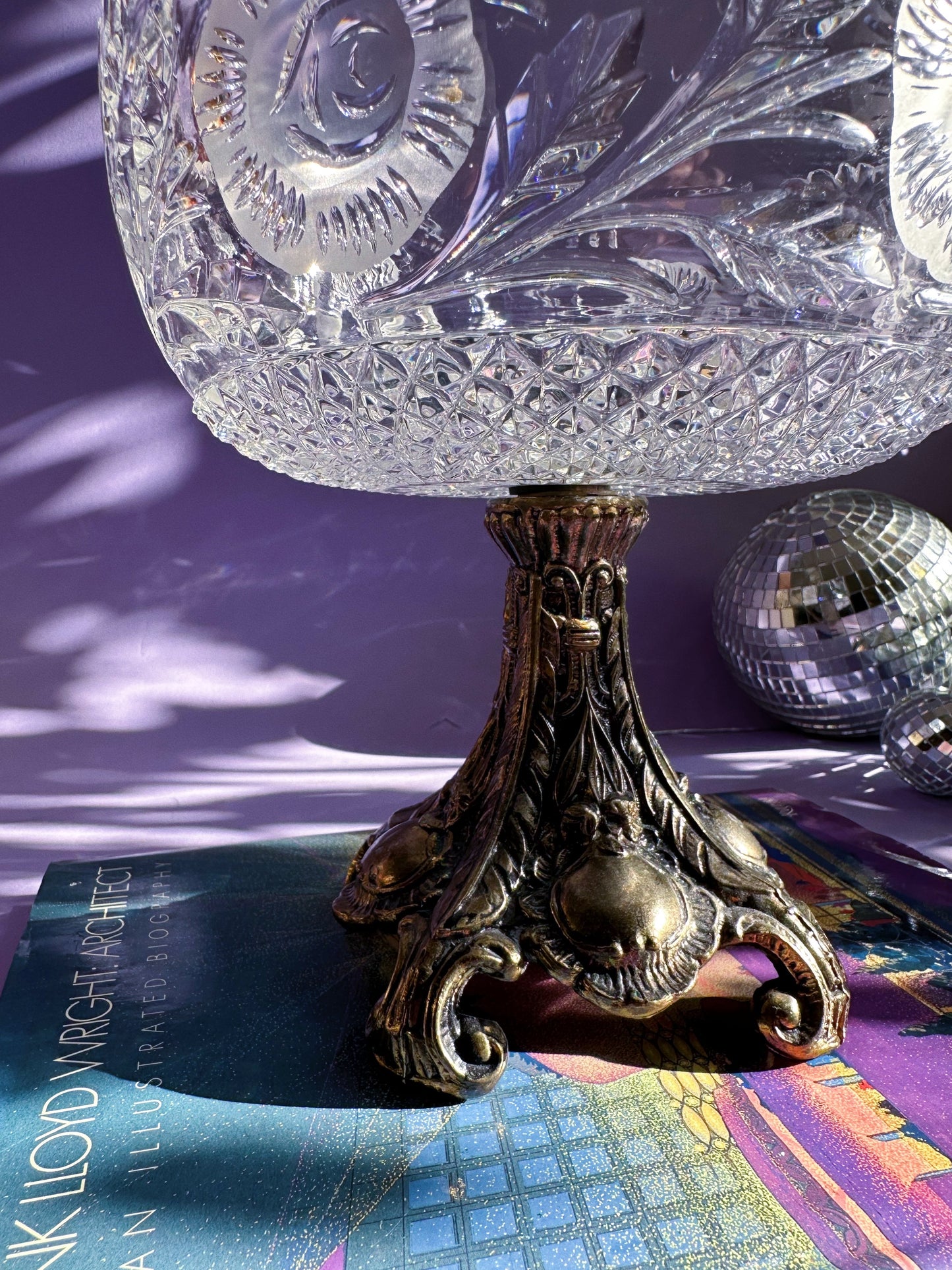 Mid Century Filigree Starburst Glass Compote Dish Metal Base Hollywood Regency