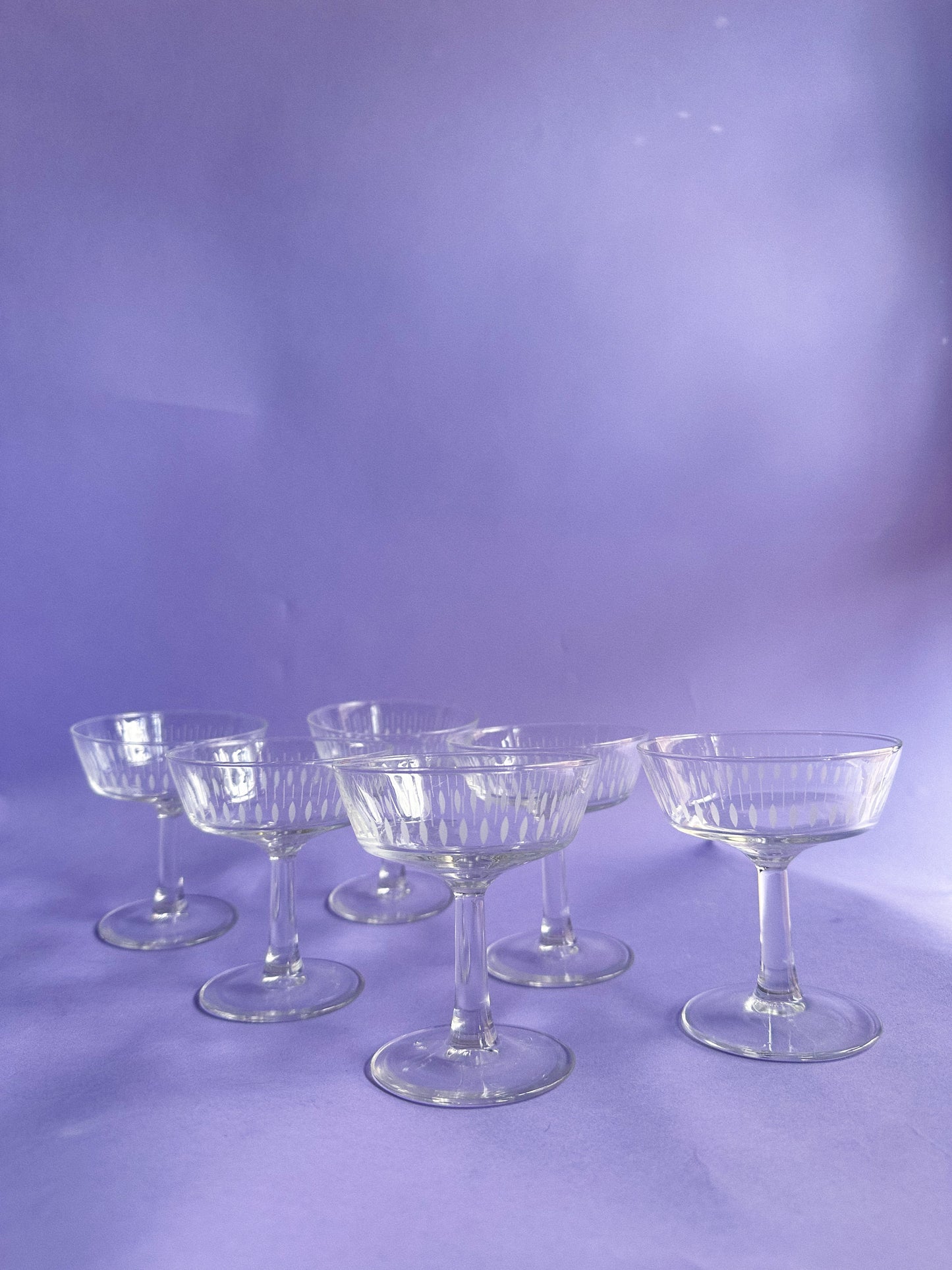 Vintage Set of 6 French Champagne Coupes With Etched Design Made in France