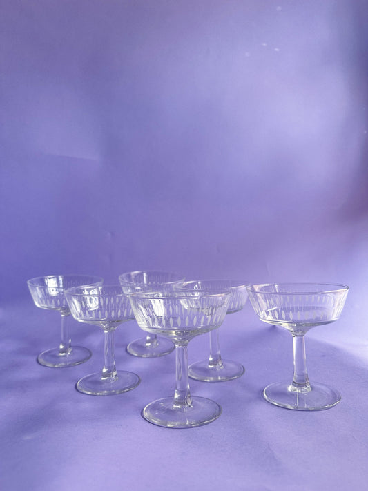 Vintage Set of 6 French Champagne Coupes With Etched Design Made in France