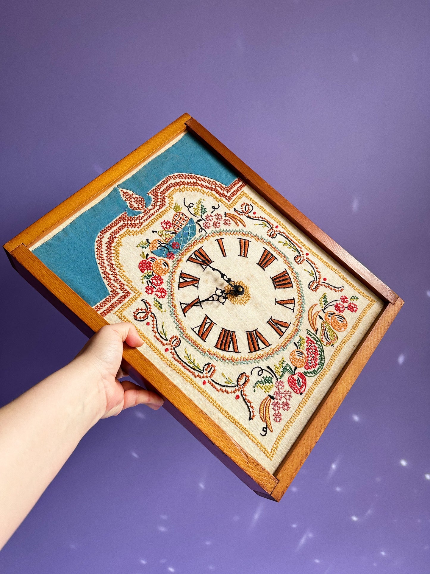 Americana Hand Embroidered Needlepoint Wall Clock, Vintage Handmade