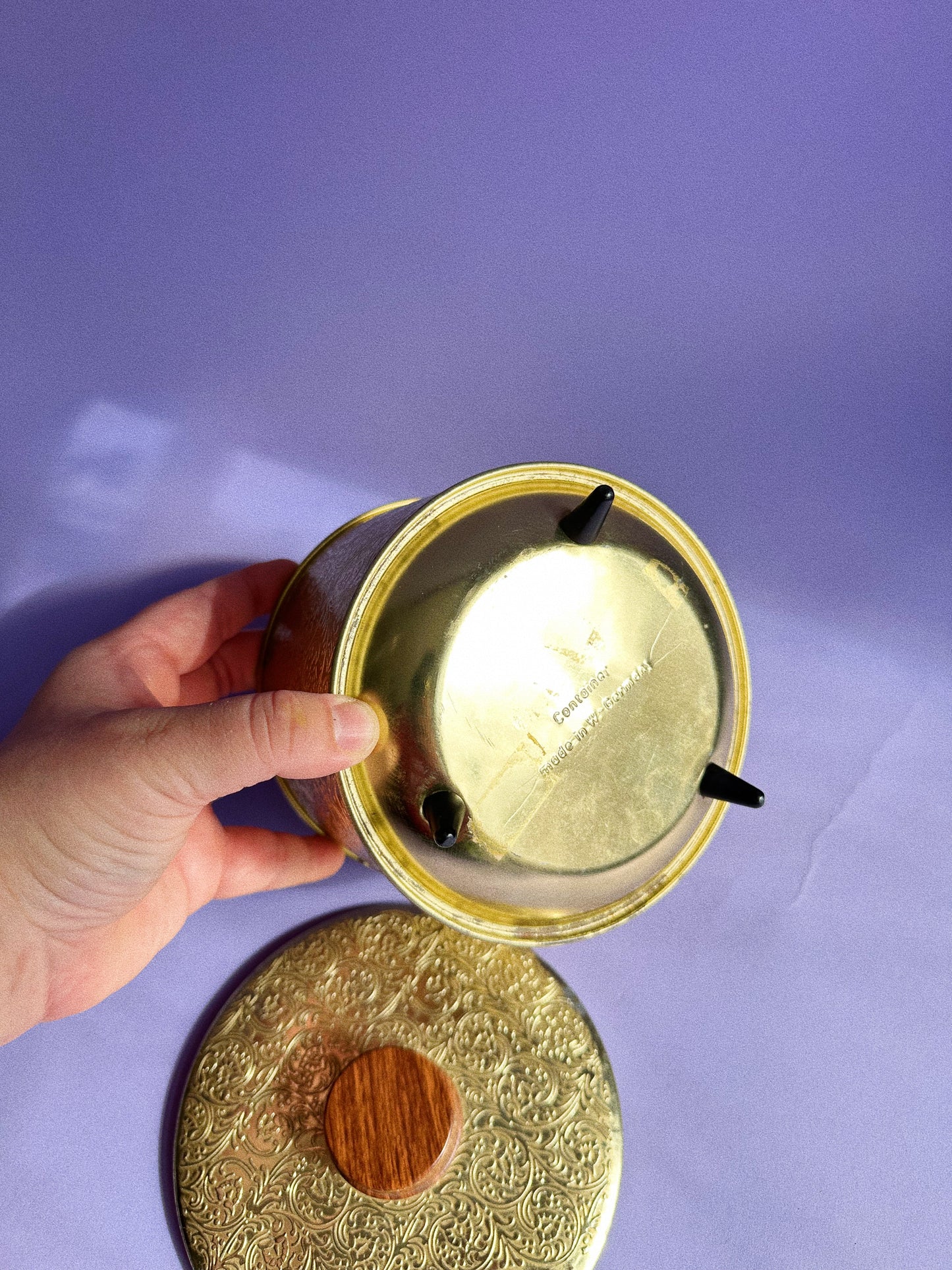Vintage Gold Round Metal Embossed Container Tapered Legs West Germany