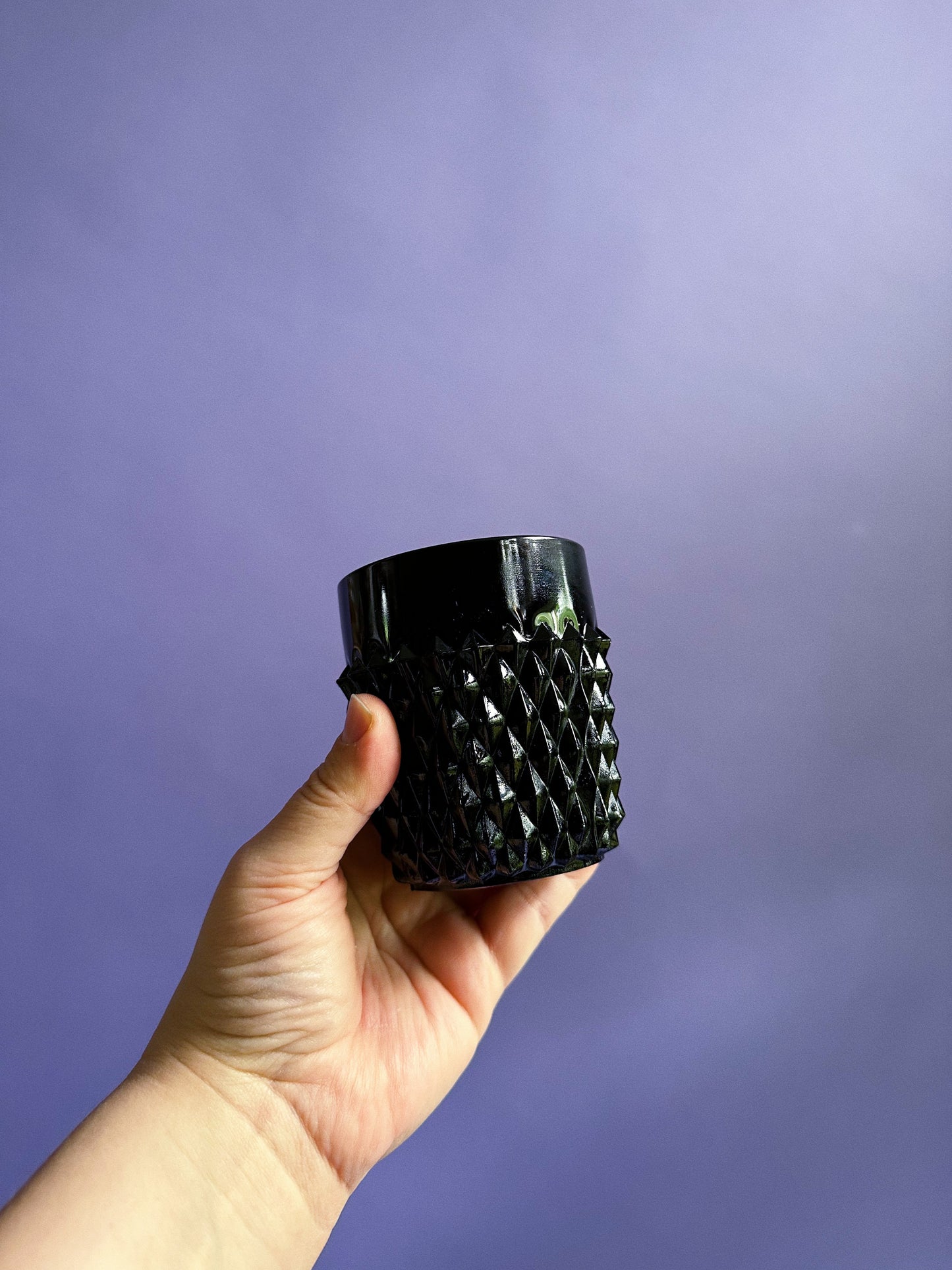 Vintage Indiana Tiara Black Glass 5 Lowball Drink Glasses, Diamond Point