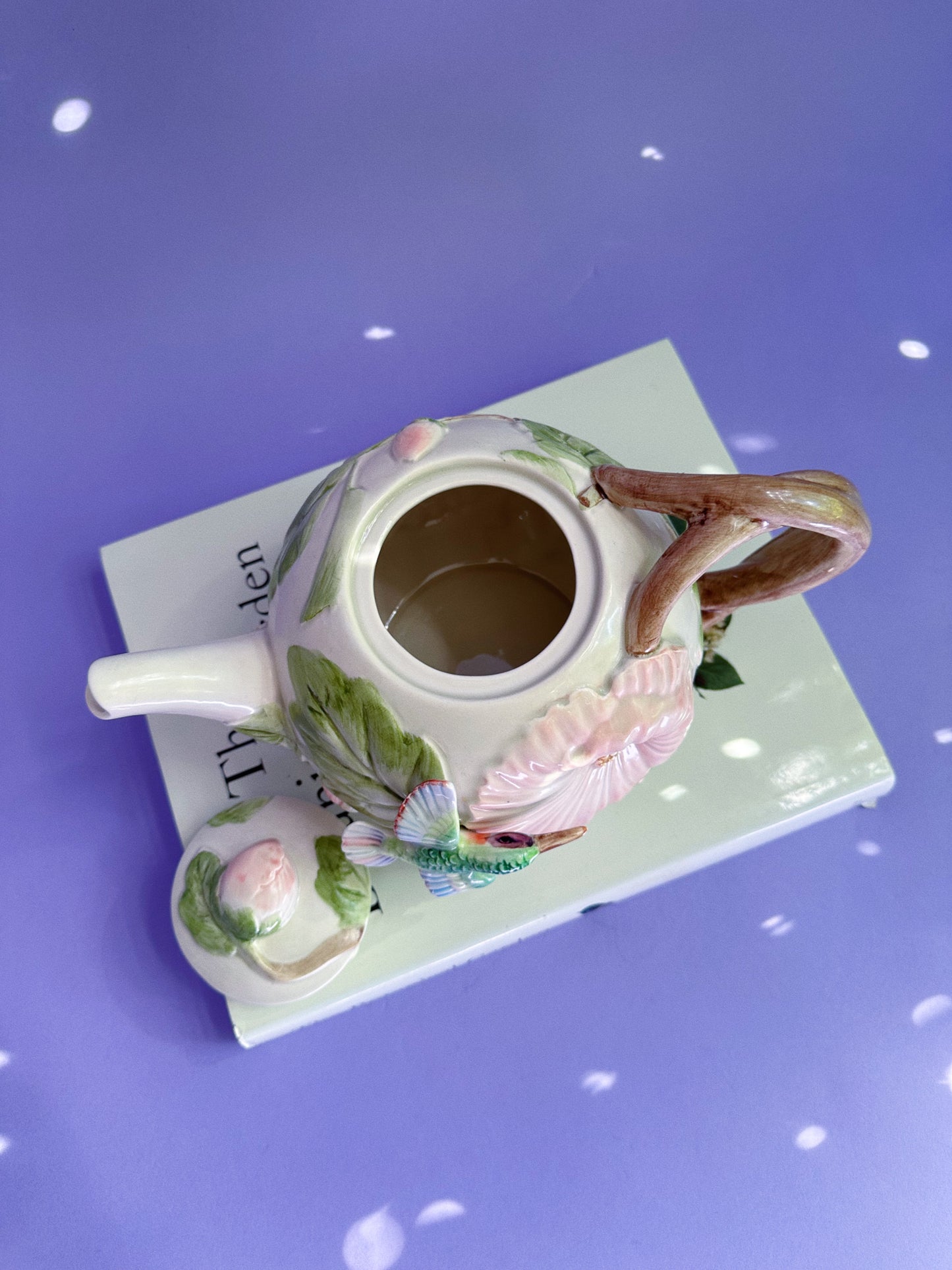 Vintage Fitz & Floyd Hand Painted 48oz Teapot Hummingbird & Hibiscus Ceramic 1987