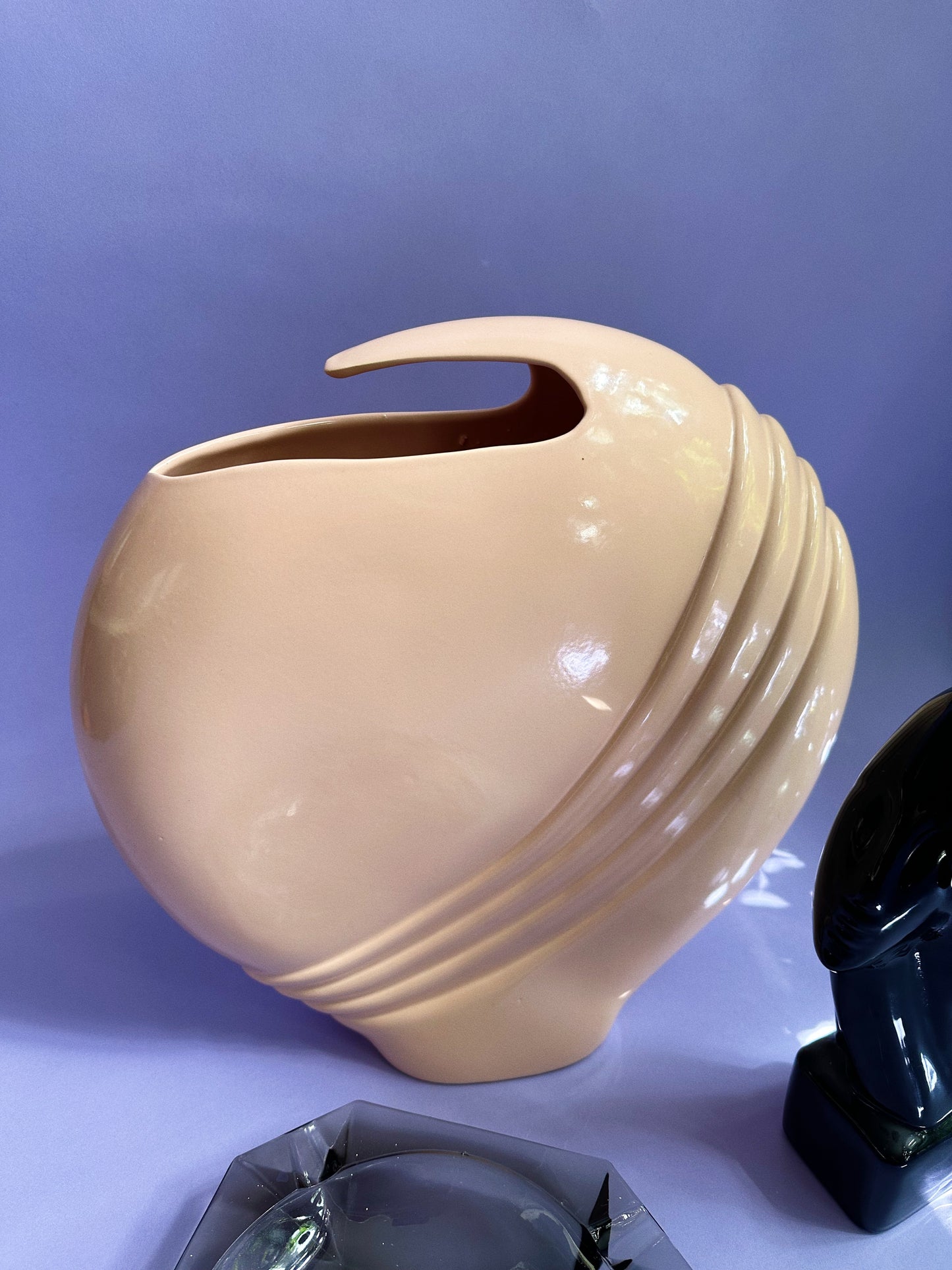 Large Pink Vintage 80's Art Deco Abstract Wave Ceramic Vase