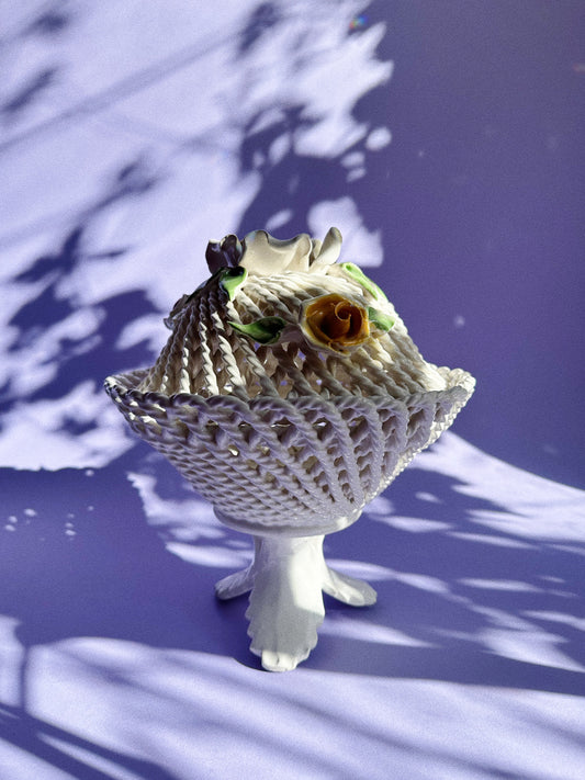 Vintage Lidded Capodimonte Weaved Basket Dish