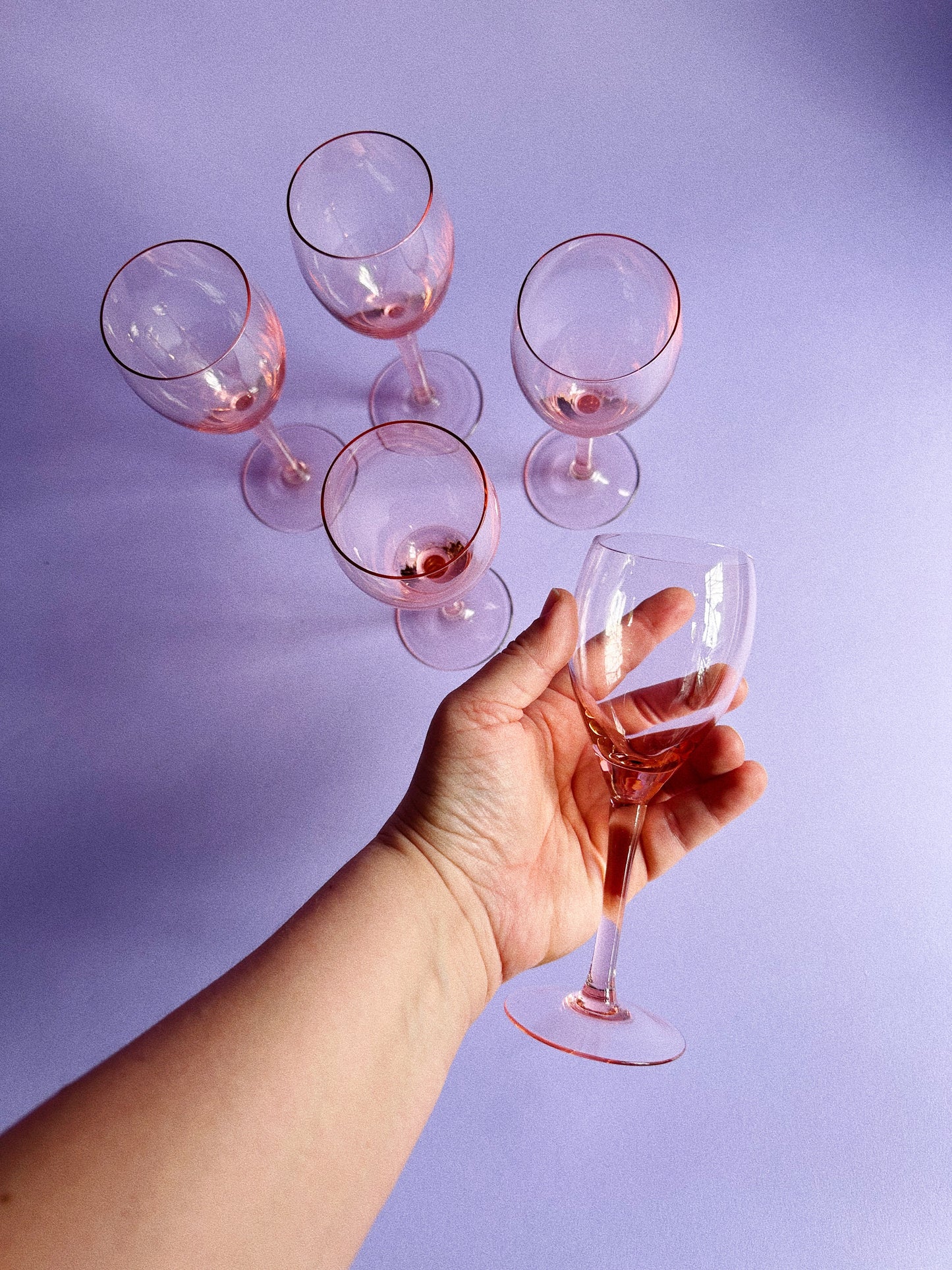 Vintage Set of 5 Pink Glass Wine Glasses