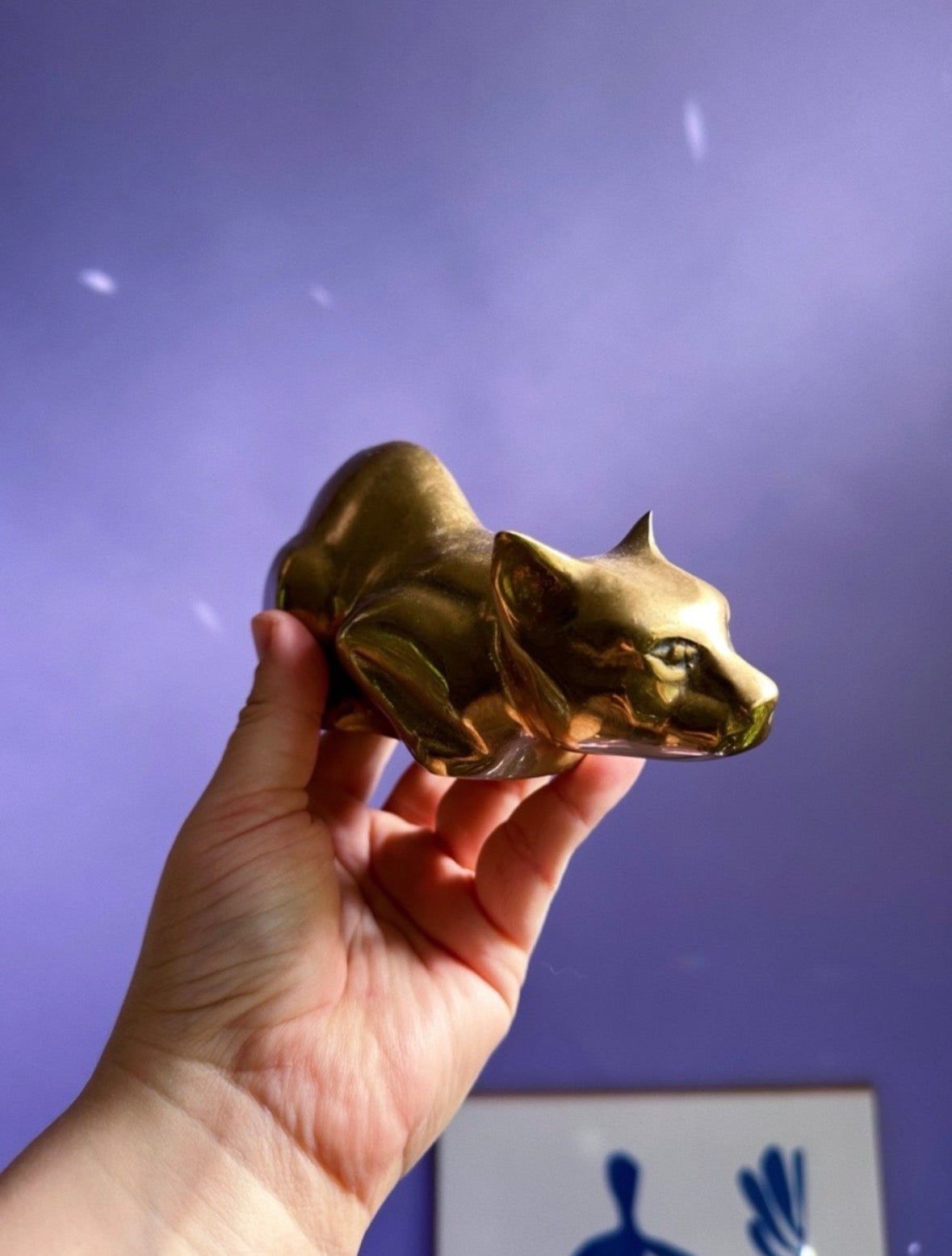 Vintage Brass Crouching Cat Figurine Sculpture 7” x 4”