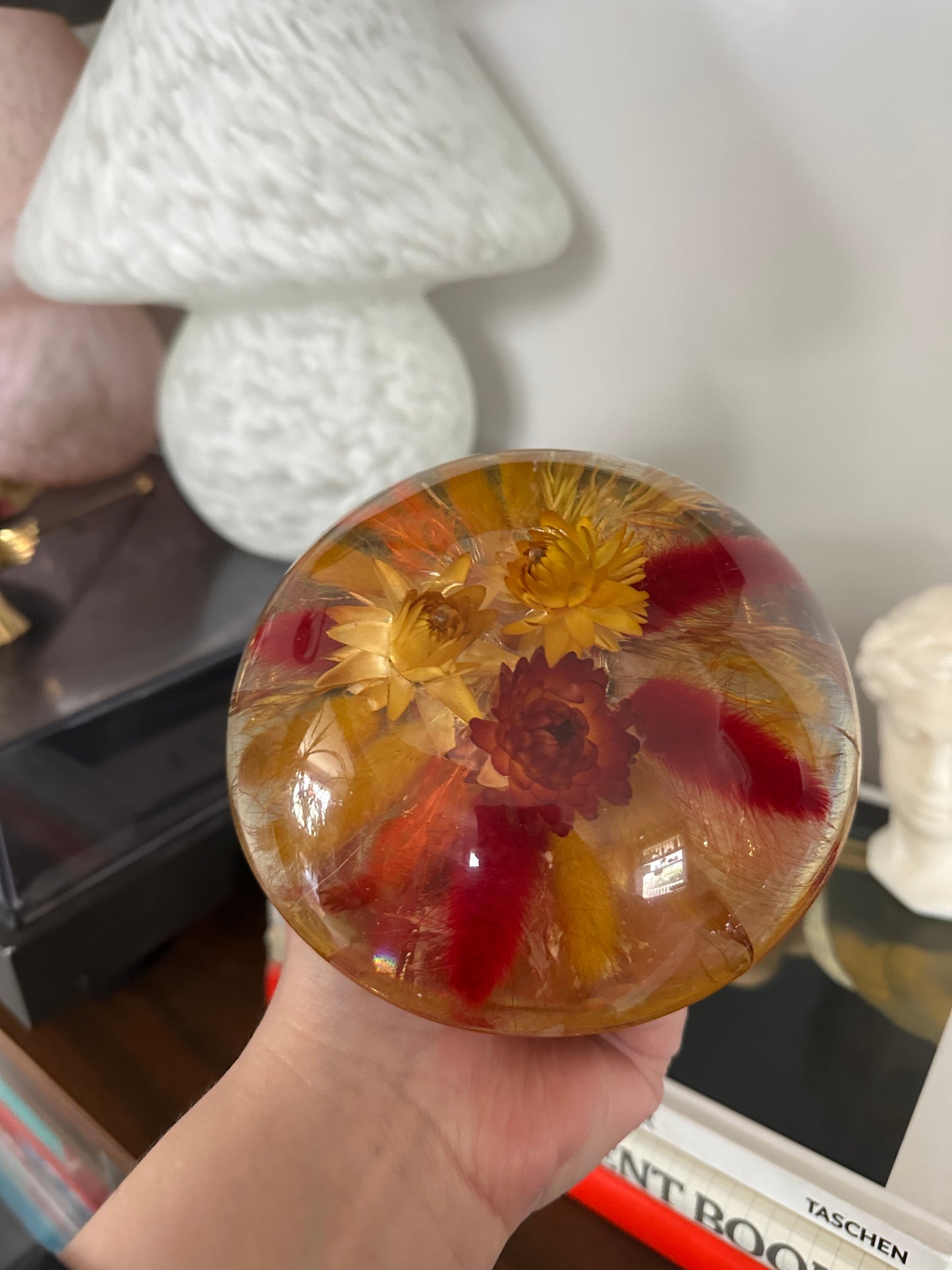Vintage 70s Lucite Resin Mushroom w Preserved Dried Red Yellow Flowers