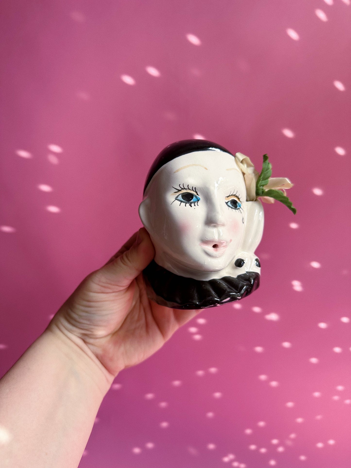 Vintage Ceramic Pierrot Clown Head Twine Dispenser with Pink Flower Accent