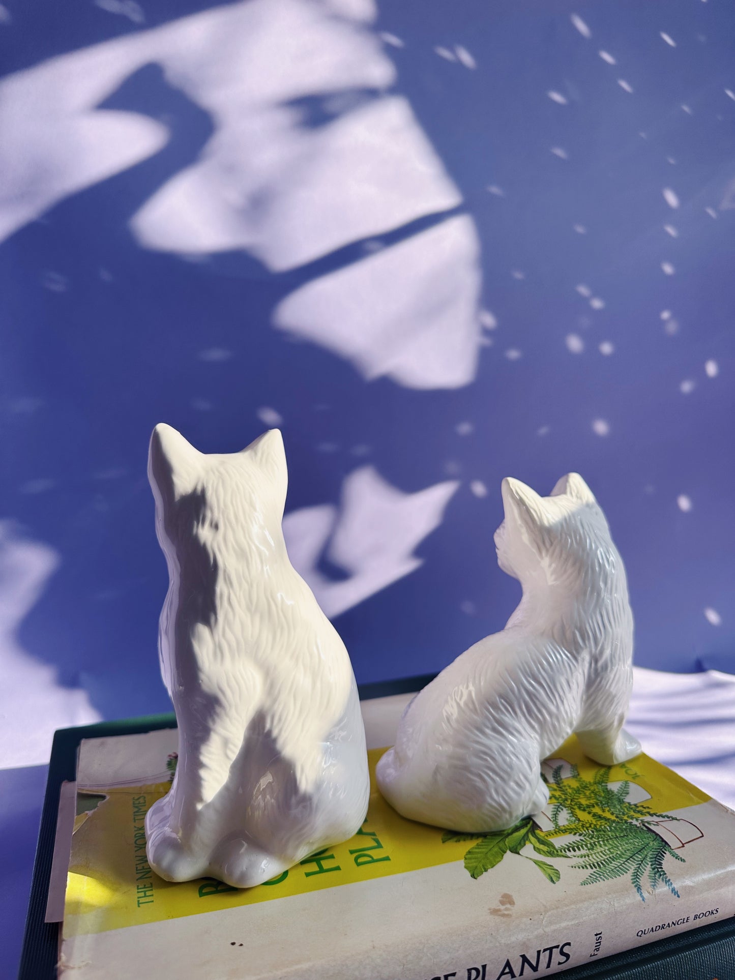 Vintage Pair of Ceramic White Cat Sculptures w Purple Details