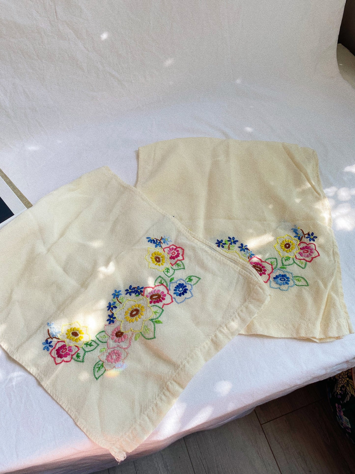 Pair of Vintage Floral Embroidered Linen Towels