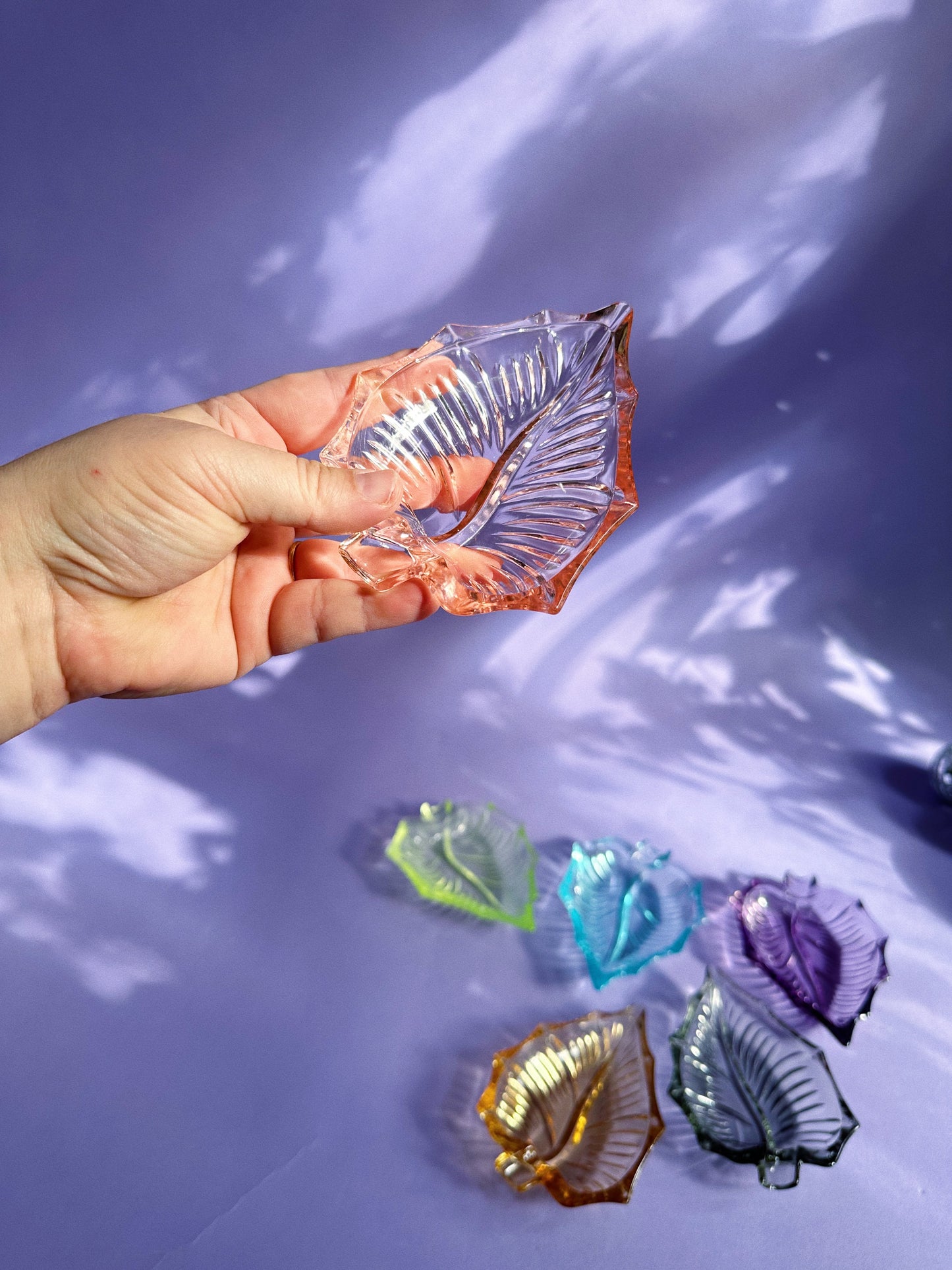 Vintage Japanese Leaf Shaped Harlequin Coloured Glass Ashtrays Set Of 6