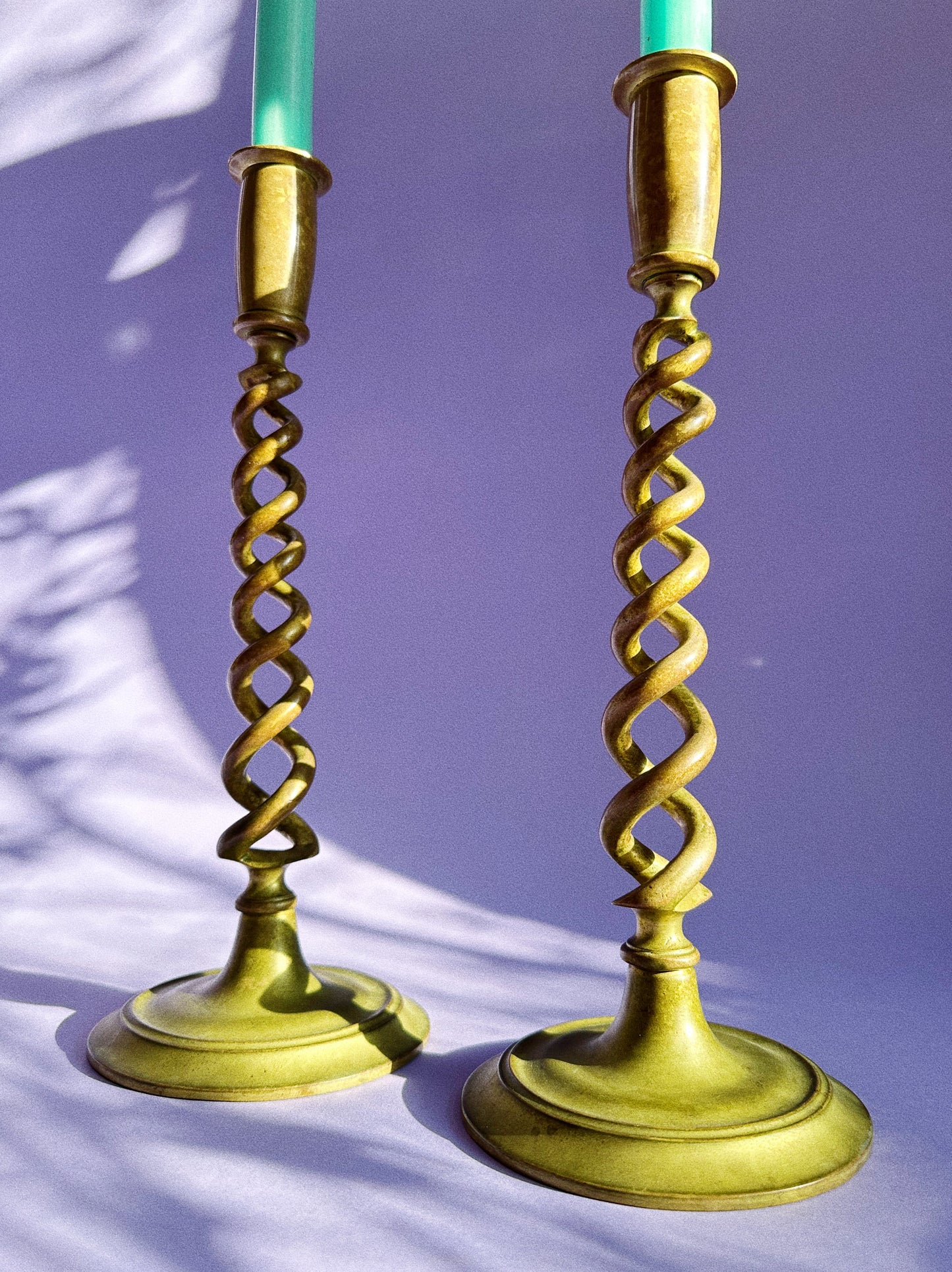Pair of Vintage Antique Brass Barley Spiral Twist Statement Candlesticks 12.25”
