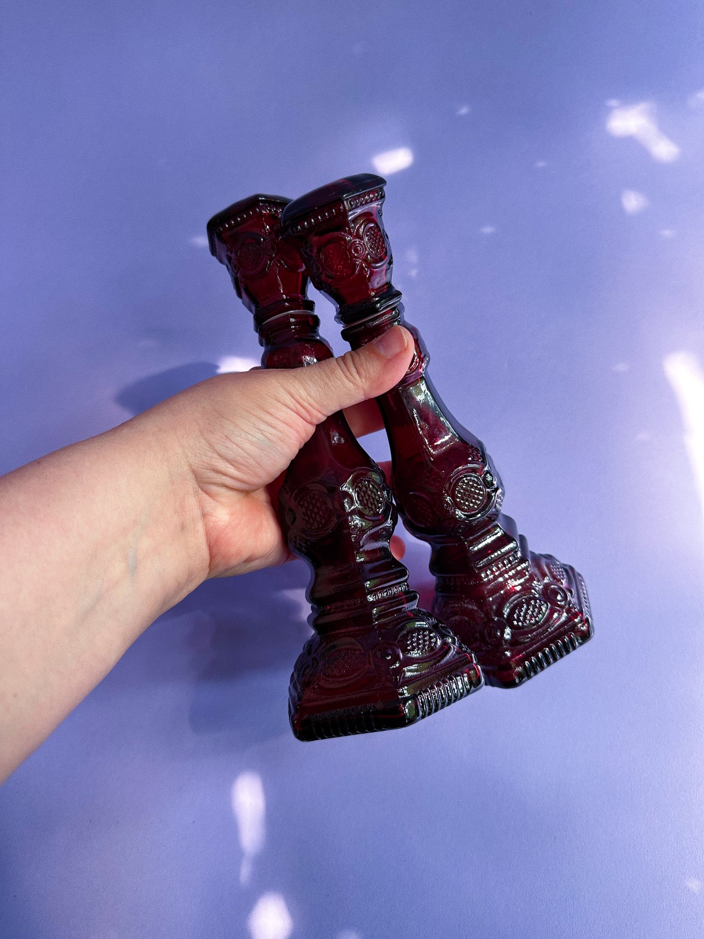 Pair of Vintage Avon 1876 Cape Cod Ruby Red Glass Cologne Bottle Candlesticks